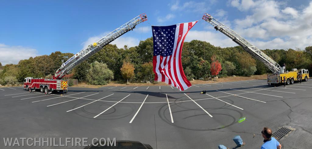 Firefighters from Westerly and Watch Hill practiced setting up and displaying the new flag when it arrived.