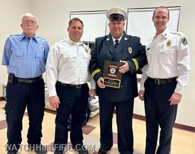 Fire Police Sergeant Bob Perkins, Fire Chief Dennis Reall, UFD Asst. Fire Marshal Keith Maine, and Assistant Chief Chris Koretski after Keith’s swearing in with his WHFD shield. 